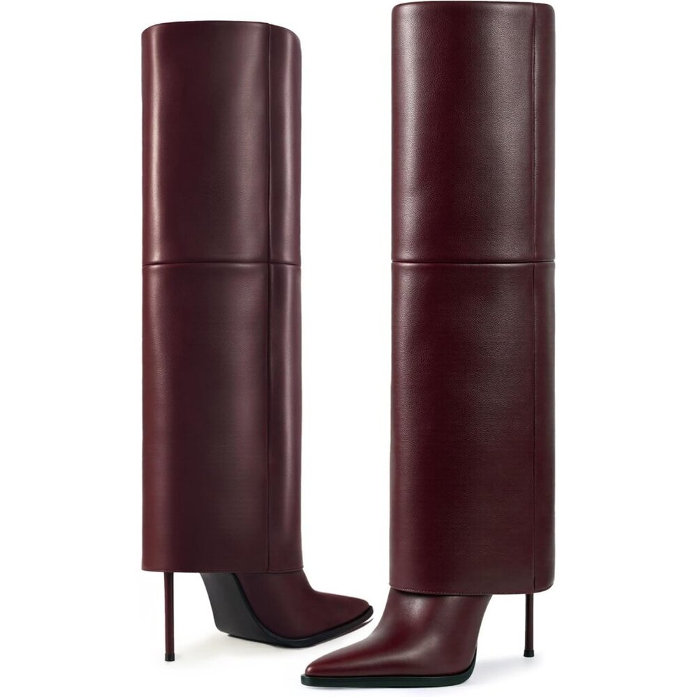 Women’s Fashion Fall Winter Burgundy Fold Over Pointed Toe Knee High Heel Boots - Picture 4 of 9